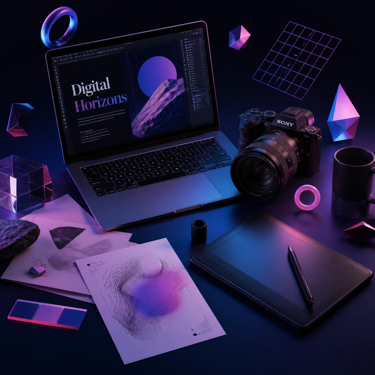 Composição visual com notebook, câmera, mesa digitalizadora e formas geométricas